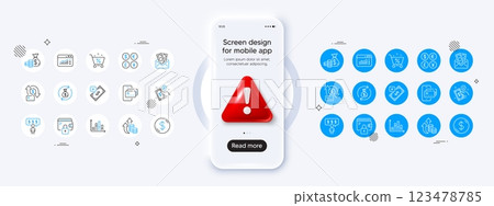 Web traffic, Money transfer and Phone pay line icons. Phone mockup with 3d danger icon. Pack of Dollar money, Payment method, Employee benefits icon. Vector 123478785