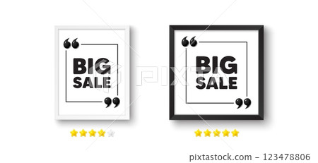 Picture frame with 3d quotation icon. Big Sale tag. Special offer price sign. Advertising Discounts symbol. Big sale chat message. Photo frame wall. 3d comma quotes. Vector 123478806