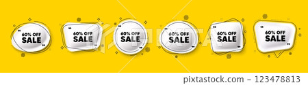 Sale 60 percent off discount. Speech bubble 3d icons set. Promotion price offer sign. Retail badge symbol. Sale chat talk message. Speech bubble banners with comma. Text balloons. Vector 123478813