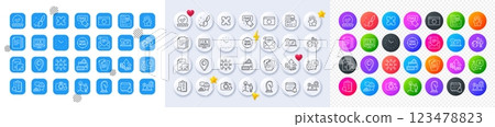 Online documentation, Online video and Fake information line icons. Square, Gradient, Pin 3d buttons. AI, QA and map pin icons. Pack of Rating stars, Creative idea, Recovery internet icon. Vector 123478823