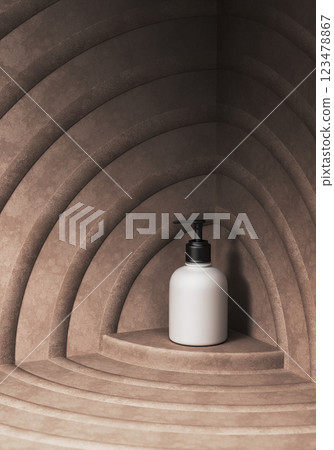 Minimal background for branding and packaging presentation. Cosmetic bottle on sand colored background with arch decoration. 3d rendering illustration. 123478867