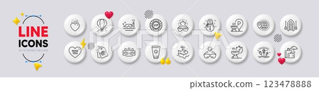 Sale tag, Sunglasses and World travel line icons. White buttons 3d icons. Pack of Sunscreen, Snowman, Vip chip icon. Luggage insurance, Fireworks rocket, Heart pictogram. Vector 123478888
