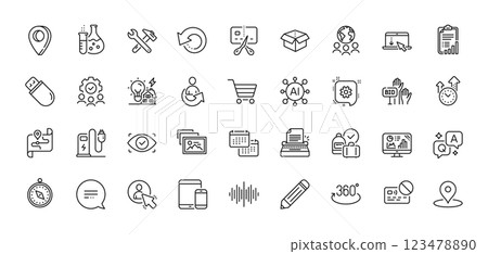 Cogwheel, Share and Spanner tool line icons pack. AI, Question and Answer, Map pin icons. Usb stick, Open box, Analytics graph web icon. Scroll down, Sound wave, Teamwork pictogram. Vector 123478890