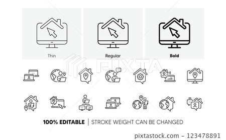 Office employee, Remote worker and Freelance job. Work at home line icons. Stay at home, internet work, remote teamwork line icons. Worker with computer, home workspace, shared network. Vector 123478891
