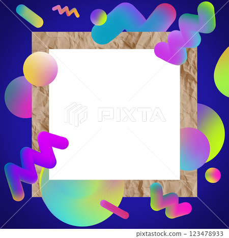 Funny spectral frame mockup with holographic morphing out shapes. Graphic design template in 80's memphis style. Funny spectral frame mockup with holographic morphing out shapes. Graphic design template in 80's memphis style. 123478933
