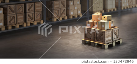 3d rendering work of cargo system. Pallet with many cardboxes waiting for transportation in front of loaded shelving. Warehouse indoors illustration. 123478946