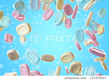 3d-rendering illustration of many flying soap bars with bubbles. Graphic design banner with copy space. 123478947