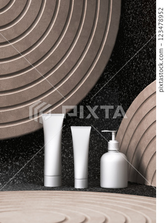 Minimal background for branding and packaging presentation. Cosmetic bottles on sand colored background with bohemian round decoration. 3d rendering illustration. Minimal background for branding and packaging presentation. Cosmetic bottles on sand colored background with bohemian round decoration. 3d rendering illustration. 123478952