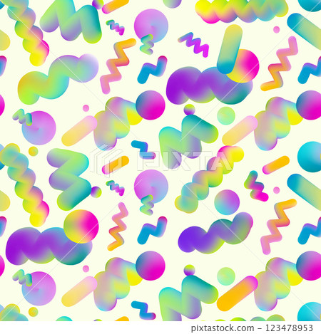 Funny abstract seamless pattern in retro memphis style. Trendy colorful fluid elements with holographic effect. Geometric decoration for wrapping, branding identity, graphic design. Funny abstract seamless pattern in retro memphis style. Trendy colorful fluid elements with holographic effect. Geometric decoration for wrapping, branding identity, graphic design. 123478953