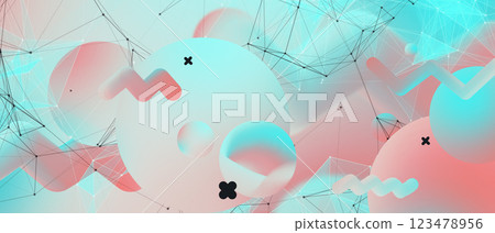 Trendy spectral background with holographic primitive amorphous shapes and triangular polygonal mesh. Contemporary abstract graphic design template. Trendy spectral background with holographic primitive amorphous shapes and triangular polygonal mesh. Contemporary abstract graphic design template. 123478956