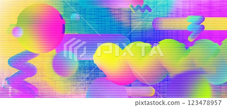 Trendy spectral background with memphis holographic amorphous shapes, glitched interference effect. Contemporary abstract graphic design template. 123478957