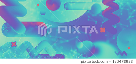 Colorful background with holographic primitive amorphous shapes and triangular polygonal mesh. Contemporary abstract graphic design template. 123478958