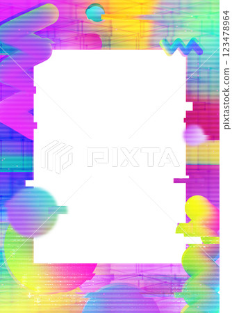 Suprematic creative mockup frame with memphis contemporary liquid shapes and VHS glitch artifacts. Vivid holographic border and blank white copy space. Suprematic creative mockup frame with memphis contemporary liquid shapes and VHS glitch artifacts. Vivid holographic border and blank white copy space. 123478964