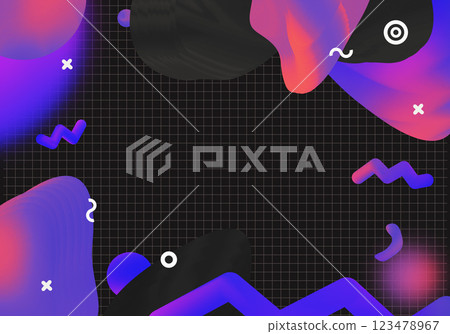 Suprematic creative poster mockup with liquid primitive amorphous shapes and mesh. Holographic synthwave frame border for flyer, brochure, invitation, card. Suprematic creative poster mockup with liquid primitive amorphous shapes and mesh. Holographic synthwave frame border for flyer, brochure, invitation, card. 123478967