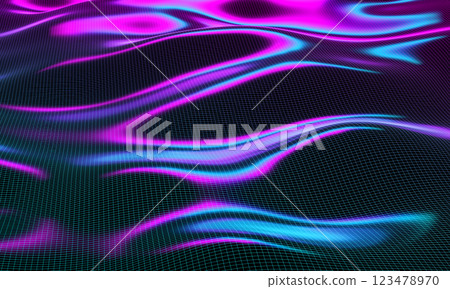 3d rendering illustration of glossy liquid substance in hologram spectral color palette. Melting neon fluidity waves, shiny petroleum substanse. 123478970