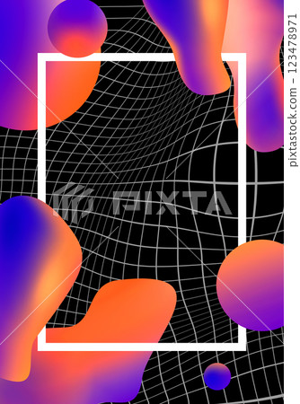 Suprematic creative poster mockup with acid colorful amophous shapes and distorted grid backdrop. A4 retro futuristic background with copy space for flyers, brochures, placards. Suprematic creative poster mockup with acid colorful amophous shapes and distorted grid backdrop. A4 retro futuristic background with copy space for flyers, brochures, placards. 123478971