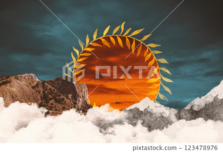Surreal collage composition made of old photos. Landscape with snow-crowned mountains peaks above the clouds. Vivid sunset with floral rays. Surreal collage composition made of old photos. Landscape with snow-crowned mountains peaks above the clouds. Vivid sunset with floral rays. 123478976