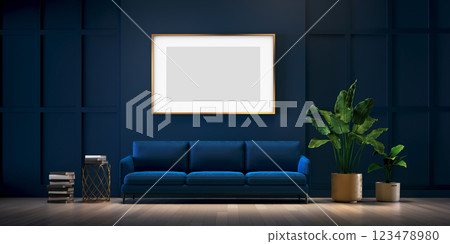 3d illustration of gorgeous classical living room Deep blue colored wooden paneling Comfortable suede coach furnished relax reading corner Painting mock up 3d illustration of gorgeous classical living room Deep blue colored wooden paneling Comfortable suede coach furnished relax reading corner Painting mock up 123478980