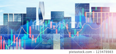 Abstract double exposured forex chart in front of business district. Modern architecture skyline. Financial growth concept. Chart with uptrend line graph 123478983