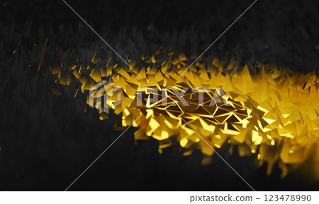 3d rendering abstract illustration of atomic reaction. Blast wave moves triangular particles. Science and sci-fi concept. Low poly nuclear background. Power energy of explosion. Unknown terrain relief 123478990