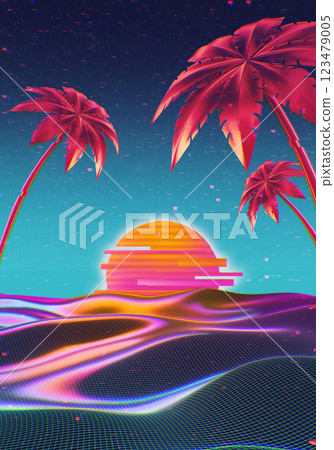 Retro futuristic illustration in 1980s style. Spectral terrain with vivid palm trees in front of cyber laser sunset. Neon light colored a4 background for flyer, cover, brochure. 123479005