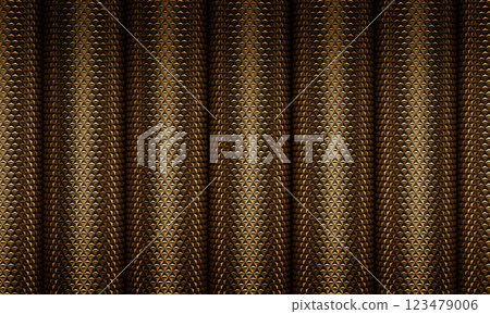 3d rendering illustration of triangular wall. Volumetric panel wall with golden low poly pyramid pattern. Art deco style decoration. 123479006