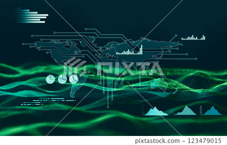 3d rendering business illustration with low poly network technologies. Interface of worldwide stock, global market. Charts, diagrams and map showing trading activity. 123479015