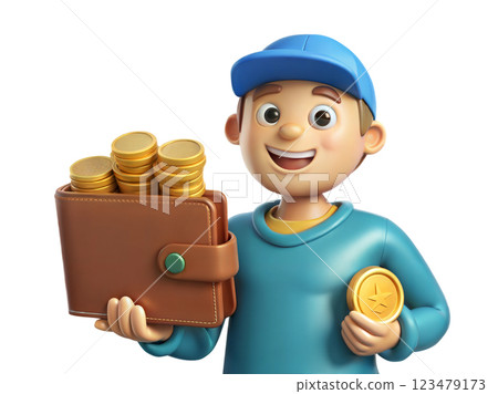 3D illustration style with joyful young man holding a leather wallet with golden coins. Cartoon character isolated on white background. 123479173