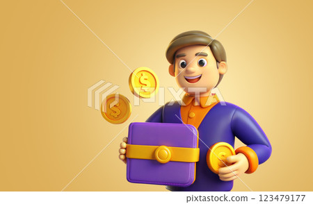 3D illustration style with joyful young man holding a purple wallet with golden coins. Cartoon character for education, advertising, banks, financial literacy flyers and banners. 3D illustration style with joyful young man holding a purple wallet with golden coins. Cartoon character for education, advertising, banks, financial literacy flyers and banners. 123479177