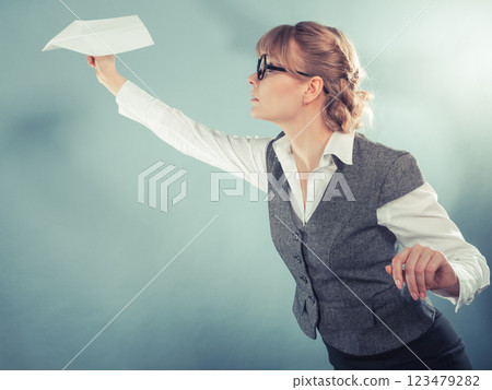 Fly fear. Woman holding airplane in hand. Fly fear. Woman holding airplane in hand. 123479282