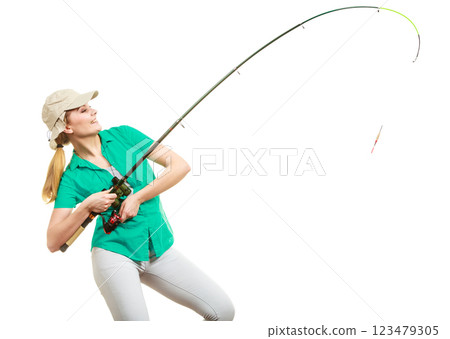 Woman with fishing rod, spinning equipment Woman with fishing rod, spinning equipment 123479305