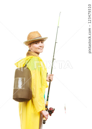 Woman with fishing rod, spinning equipment 123479310