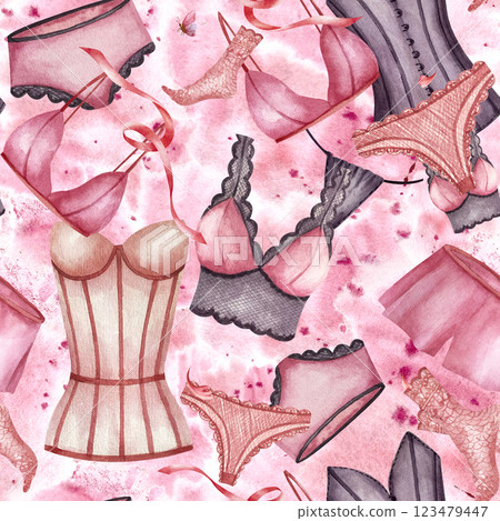 Seamless pattern women underwear, lace socks, Corset and pyjamas, panties. Illustration isolated on pink watercolor spot background. For wrapping paper, packaging in lingerie store, business card Seamless pattern women underwear, lace socks, Corset and pyjamas, panties. Illustration isolated on pink watercolor spot background. For wrapping paper, packaging in lingerie store, business card 123479447
