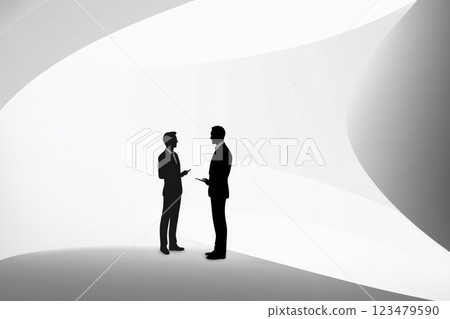 Business negotiation taking place between two silhouetted figures in a minimalistic and modern setting. Generative AI Business negotiation taking place between two silhouetted figures in a minimalistic and modern setting. Generative AI 123479590