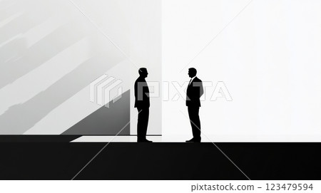 Two figures in business attire engaging in conversation on minimalist backdrop during business meeting. Generative AI 123479594