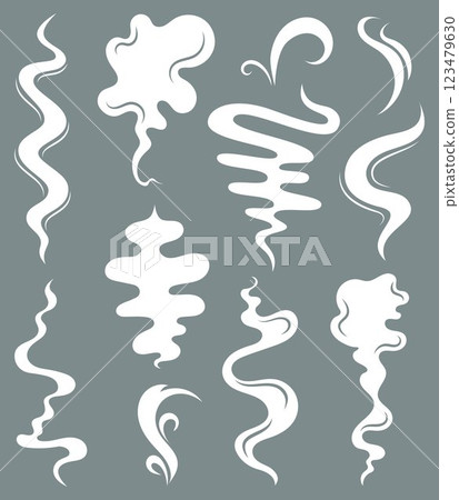 Collection of White Smoke and Vapor Swirls. Elegant and Abstract Set of Incense, Steam, and Fragrance Symbols on a Subtle Grey Background, Representing Aroma, Relaxation, and Airy Motion 123479630