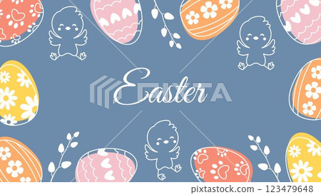 Festive Easter Background with Decorative Colorful Eggs, Cute Hand-Drawn Chicks, and Spring Elements on a Blue Pastel Background. Holiday Greeting Card or Invitation Design Festive Easter Background with Decorative Colorful Eggs, Cute Hand-Drawn Chicks, and Spring Elements on a Blue Pastel Background. Holiday Greeting Card or Invitation Design 123479648