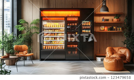 A sleek, modern vending machine offering coffee and various snack options in a well-lit setting 123479658