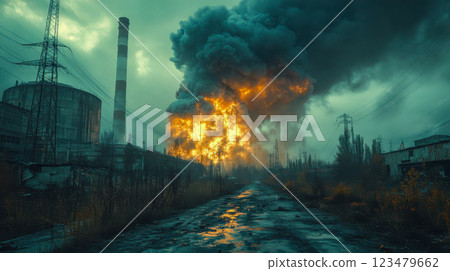 A large-scale industrial explosion with thick smoke clouds over an abandoned nuclear facility at dusk 123479662