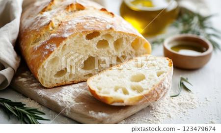 Golden homemade ciabatta with large, airy pockets and a rustic, fresh presentation. Artisanal bread perfect for baking and food photography concepts 123479674