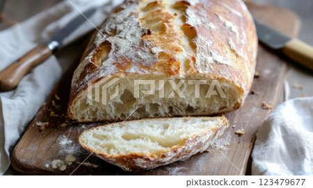 Crusty homemade ciabatta with golden tones, artfully torn to reveal airy pockets. Set on dark wooden surface with crumbs, olive oil in a ceramic dish, thyme sprigs, flour dusting, dramatic lighting 123479677