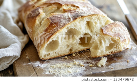 Golden rustic ciabatta loaf sliced open, revealing airy crumb and crisp crust. Set on a wooden board with flour, olive oil, and rosemary. Soft natural light enhances the warm, homemade appeal 123479678