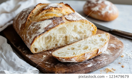 Golden rustic ciabatta loaf sliced open, revealing airy crumb and crisp crust. Set on a wooden board with flour, olive oil, and rosemary. Soft natural light enhances the warm, homemade appeal 123479679