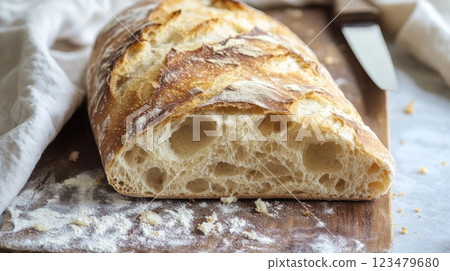 Homemade ciabatta bread with large, airy pockets, golden crust, rustic presentation, natural lighting, artisanal quality, fresh and inviting look, perfect for baking or food photography concepts 123479680