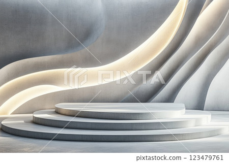 Empty concrete podium with abstract wavy concrete shapes in gray tones with soft lighting Empty concrete podium with abstract wavy concrete shapes in gray tones with soft lighting 123479761
