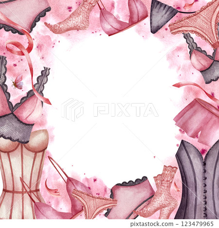 Frame with lingerie, lace socks, women Corsets and pyjamas, panties. Watercolor illustration isolated from background. Postcard. For wrapping paper, packaging in underwear store, business card, logo 123479965
