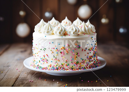 Birthday cake with colorful sprinkles on wooden background Birthday cake with colorful sprinkles on wooden background 123479999