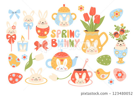 Cute Easter spring bunny decoration clipart. Isolated holiday tableware teapot, cups, sugar bowl, jug with bouquet tulips with rabbit decor, paschal eggs, festive party elements. Vector illustration Cute Easter spring bunny decoration clipart. Isolated holiday tableware teapot, cups, sugar bowl, jug with bouquet tulips with rabbit decor, paschal eggs, festive party elements. Vector illustration 123480052