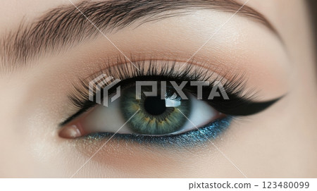 Close-up of a green eye with extended, voluminous black and blue lashes, showcasing crisp iris details, soft natural lighting, beauty and makeup focus, clean background. 123480099