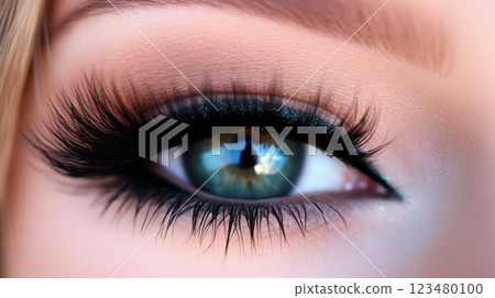 Close-up of a green eye with extended, voluminous black and blue lashes, showcasing crisp iris details, soft natural lighting, beauty and makeup focus, clean background. 123480100